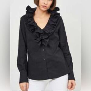 Zara Black Pleated Ruffle Neckline Poplin Shirt, NWT size S